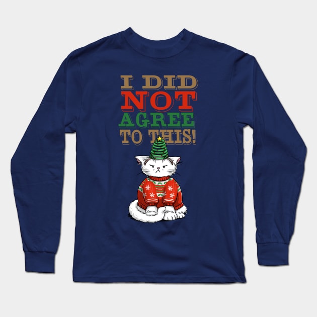 Disgruntled Cat in Ugly Christmas Sweater (dark background) Long Sleeve T-Shirt by ElephantShoe